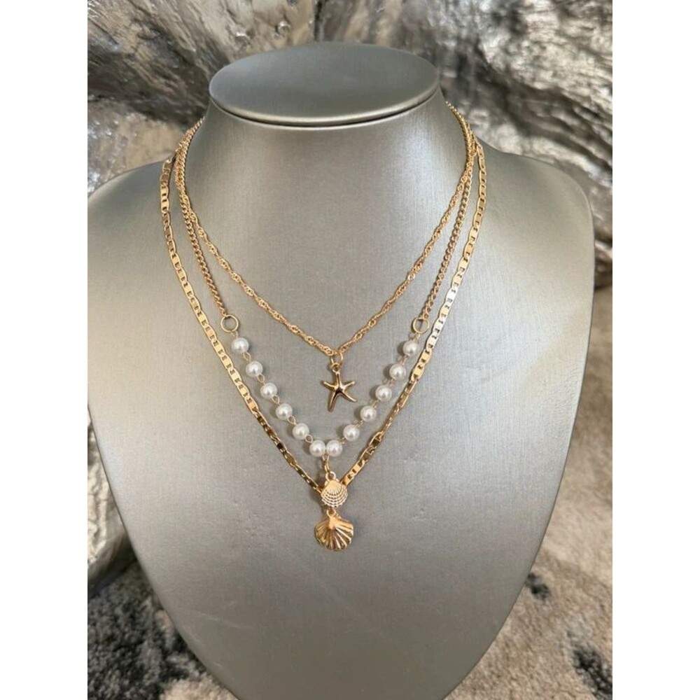 3pcs Summer Bohemian Style Multi-Color Faux Pearl Shell Pendant Necklace